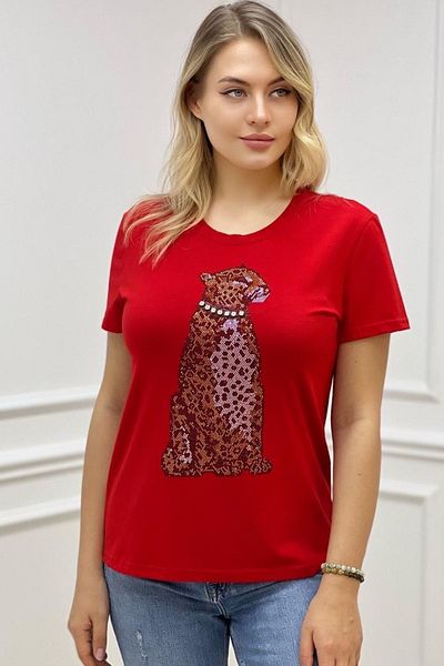 RICH GLAM Red STylish Large Size Tiger CrysTal STone Regular FiT Plus Size Women's T-shirt