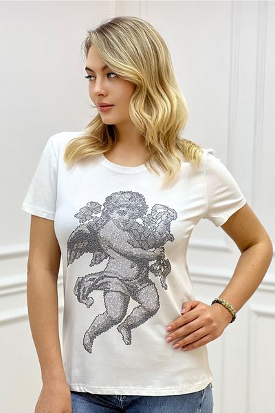 RICH GLAM Angel Crystal Stone White Crew Neck Plus Size Stylish Cotton Women's T-Shirt
