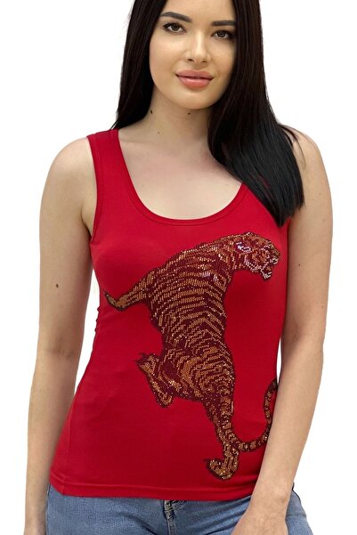 RICH GLAM Leopard Crystal Stone Slim Fit / Slim Fit Cotton Women's Sleeveless Tshirt Thick Strap Tank Top