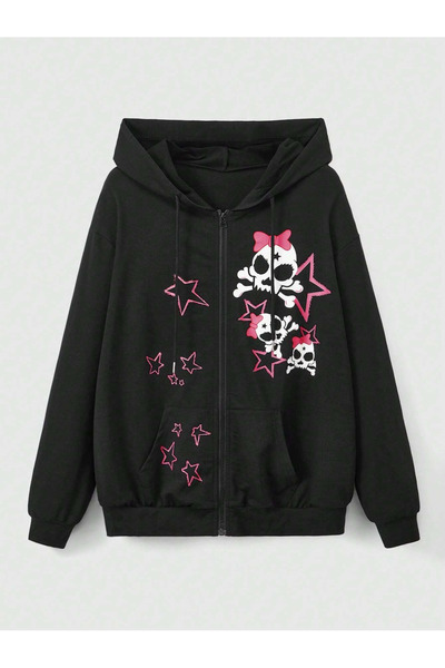 ZEMLİYA Unisex Siyah Kapşonlu Hırka Fermuarlı Sweat