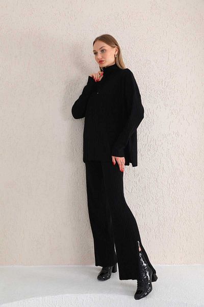 EMİRA LİFE Guler cu nervuri pentru femei, fante pentru picioare cu fermoar, costum de tricotaj cu fermoar lateral