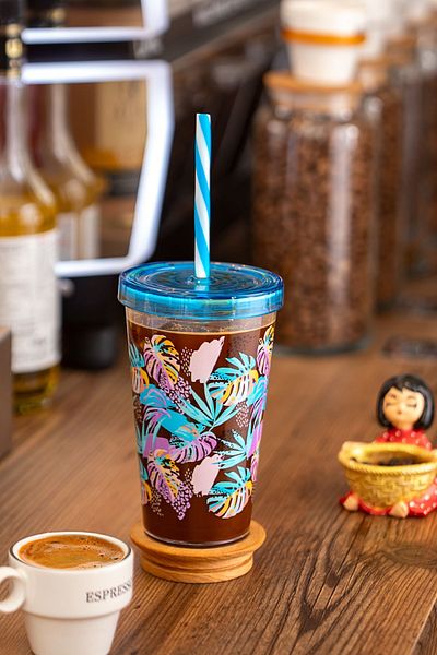 Porsima 161448-011P Leaf Patterned Plastic Cup - 660 cc, with Straw and Leakproof