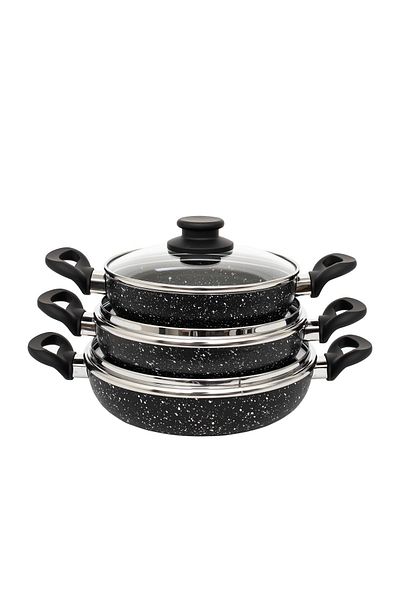 Esra 3-Piece Granite Sahan Set - 6-Piece Glass Lid Double Handle Omelet Sahan Set
