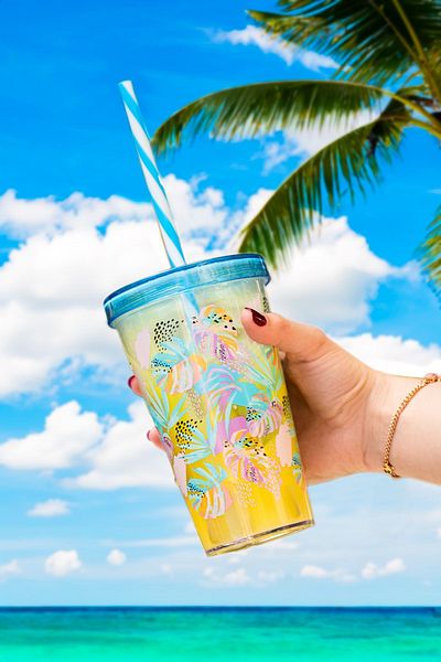 Porsima 161448-011P Leaf Patterned Plastic Cup - 660 cc, with Straw and Leakproof