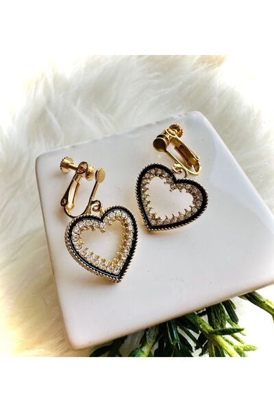 1PARÇAMAVİ Altın renk taşlı siyah kalp vidalı klipsli kadın küpesi -delik gerektirmeyen küpe