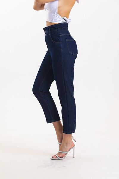 SHEVEGA Navy Blue High Waist Lycra Drawstring Mom Jean Jeans
