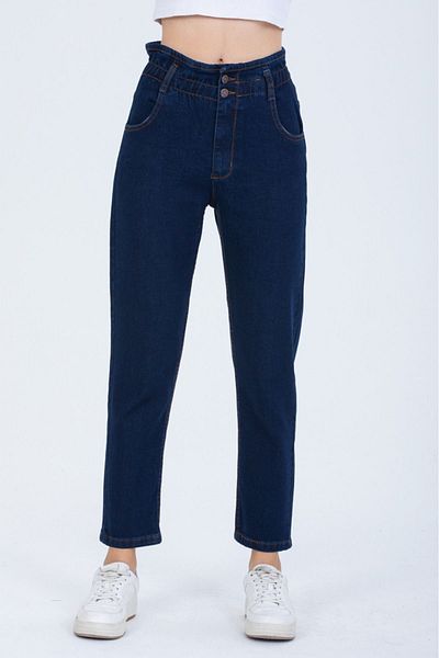 SHEVEGA Navy Blue Large Size Lycra Elastic Waist Button Detailed Mom Jean Jeans