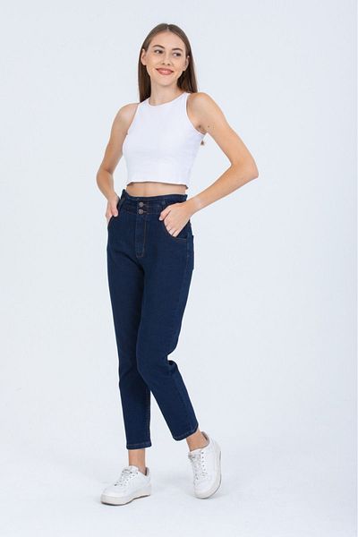 SHEVEGA Navy Blue Large Size Lycra Elastic Waist Button Detailed Mom Jean Jeans