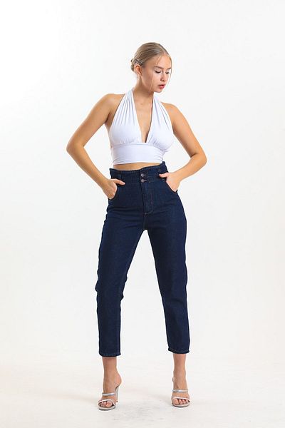 SHEVEGA Μπλε Navy ψηλόμεσο Lycra Waist Shirred Mom Jean Jeans