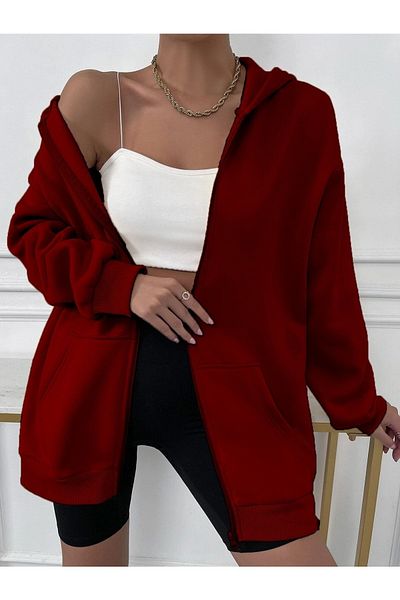 Mad&Calf Hanorac oversize cu glugă cu fermoar pentru femei