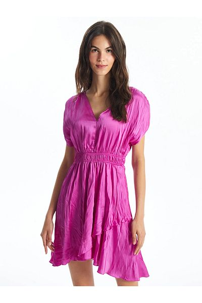 LC Waikiki Lcw Vision V Neck Straight Short Sleeve Satin Women's Dress