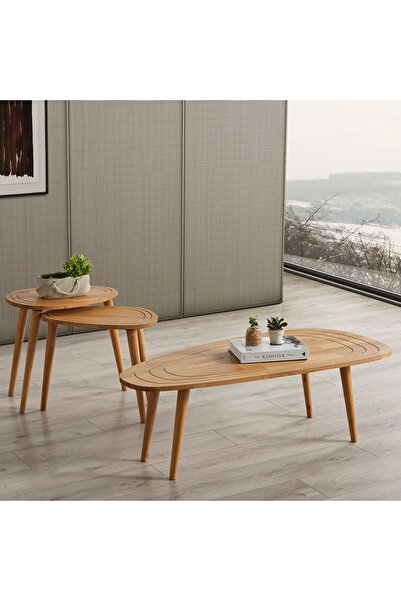 FAVdecor Sweet Masif Doğal Ahşap Orta Sehpa Ve 2'li Zigon Sehpa Set, Modern Masif Yan Ve Orta Sehpa Set