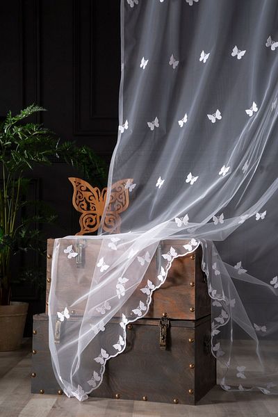 MAGİZA Butterfly Patterned Tulle Curtain - Does Not Want Ironing, 1e/2layer Sparse Pleat, Suitable for Living Room, Kitchen, Balcony and Children's Room