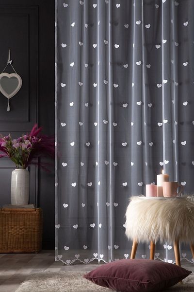 MAGİZA Heart Patterned Tulle Curtain - 1e 3layers Don't Want Iron, Tight Pleat Suitable for Living Room and Children's Room