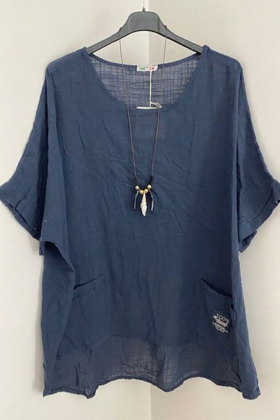 AYASOFYA OTANTIK Bluză oversize albastru bleumarin - colier italian, buzunar pentru geantă, mânecă scurtă