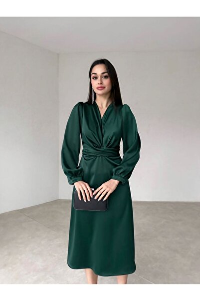Afiş Butik Yeşil Saten Beli Büzgülü Midi Elbise