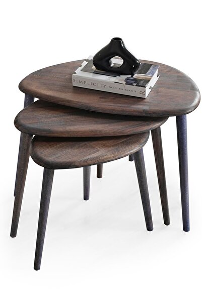 FAVdecor Masif Doğal Ahşap Zigon Sehpa 3'lü Set, Modern Masif Yan Sehpa