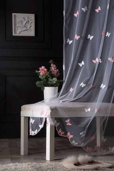 MAGİZA Butterfly Patterned Tulle Curtain - Does Not Want Ironing, 1e/2layer Sparse Pleat, Suitable for Living Room, Kitchen, Balcony and Children's Room