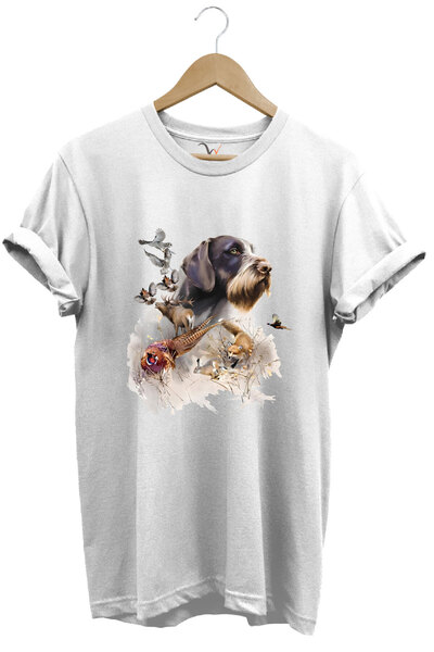 WİDİ Hunter Hunting Av Pattern Dog și Av Bird Printed 100% bumbac Premium Regular Fit Tricou alb