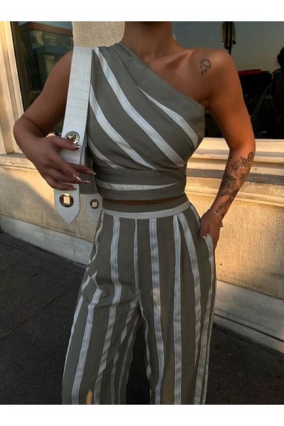 Niceboutique Khaki Striped One Shoulder Blouse Trousers Set