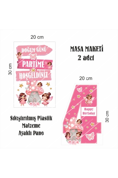SİYAH PARTİ EVİ Fairy Girl / Girl's Birthday Table Decoration Cake Decoration Set Age 4