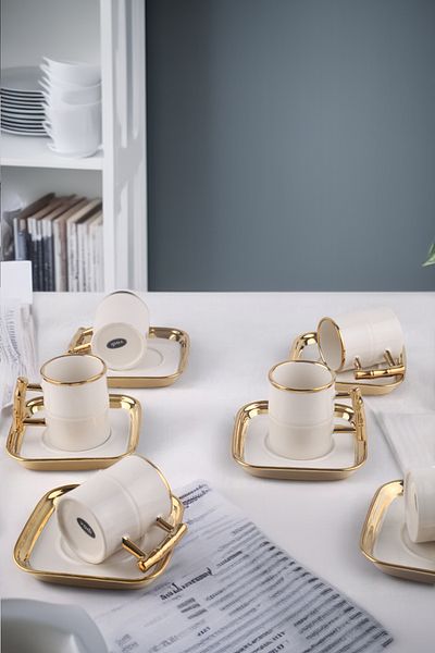 Vadi White Violet Gold Gilded Porcelain Coffee Cup Set for 6 People