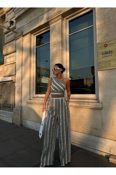 Niceboutique Khaki Striped One Shoulder Blouse Trousers Set