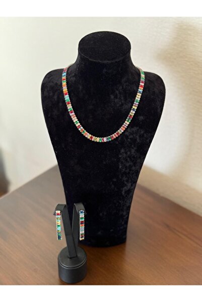 La Passion Bijoux İri Baget Taşlı Renkli Su Yolu Kolye Ve Küpe Seti