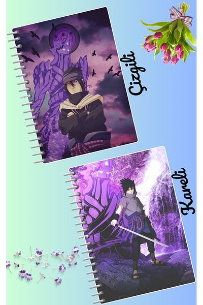 animeandyourworld طقم دفتر ساسوكي اوتشيها 2 قطعة مقاس A4 21*30 مخطط + مربعات 60 سيف