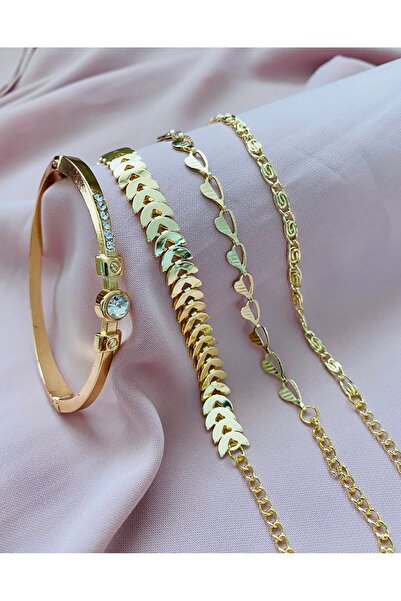 xesha Altın Kaplama 4 lü Kombin Bileklik Takı Seti Gold Renk Kadın Zincir Bil...