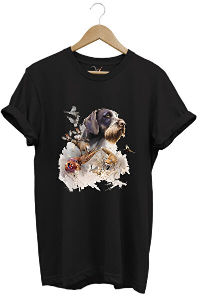 WİDİ Hunter Hunting Av Pattern Dog și Av Bird Printed 100% bumbac Premium Regular Fit Tricou negru