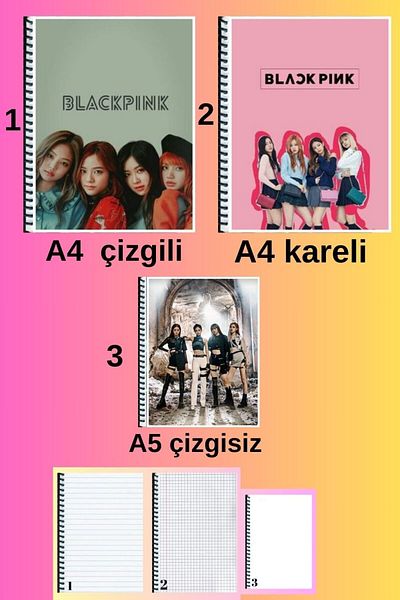 animeandyourworld blackpink 3 piece notebook set A4 large size 72 pages lined_checkered + A5 unlined notebook set