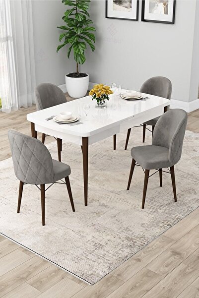 Canisa Rut Serisi Açılabilir 80x132 Beyaz Mutfak Masası Takımı Ve 6 Siyah San...