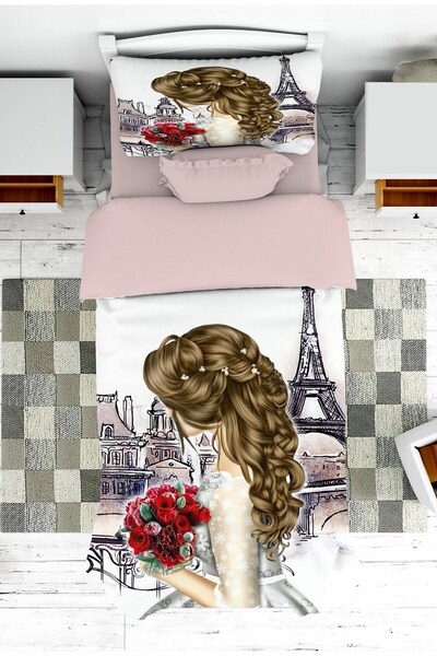 Genel Markalar Paris Temalı Prenses Kız Çocuk Genç Yatak Örtüsü ve Yastık Kılıfı Pike