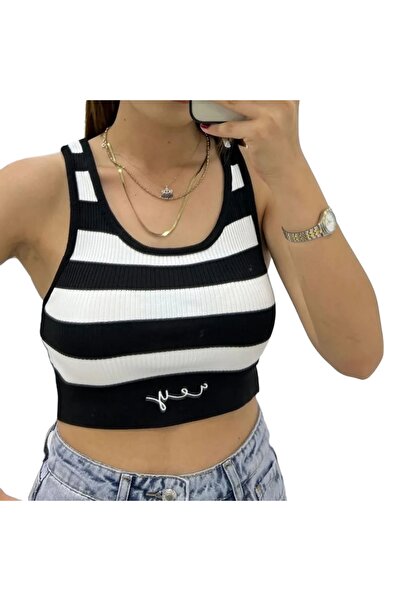 Butik Bisiklet Yaka Çizgili Crop