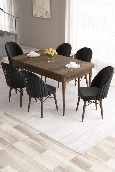 Elf Series 80x132 Pop-up Baroque Pattern Kitchen Tableware 6 Black Chairs with Gold Ring