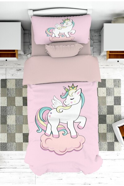 Genel Markalar Unicorn Tek Boynuzlu At Desen Kız Çocuk Yatak Örtüsü ve Yastık Kılıfı Pike
