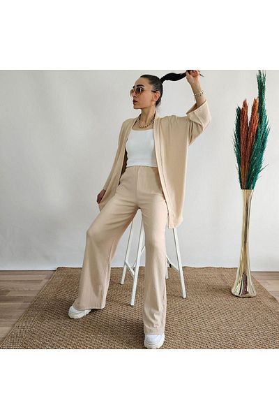İpli Wide Leg and Stone Colored Kimono Set