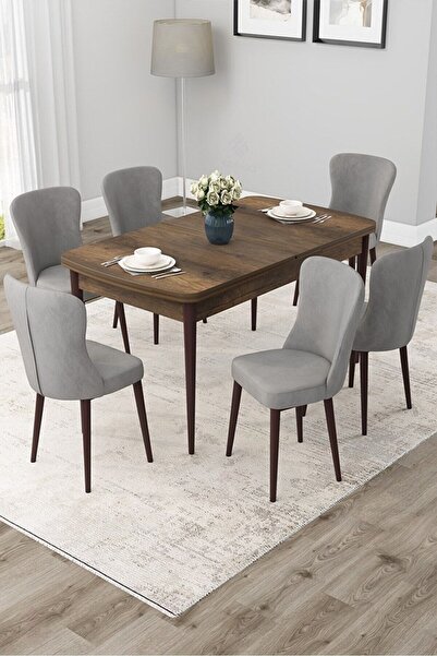 Canisa Due Serisi 80x132 Açılabilir Barok Ahşap Desen Yemek Odası Takımı ve 6 Gri Sandalye