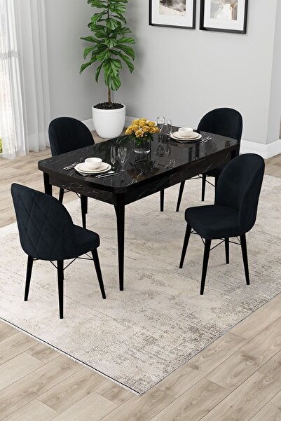 Canisa Rut Serisi Açılabilir 80x132 Siyah Mermer Desen Yemek Odası Takımı ve ...