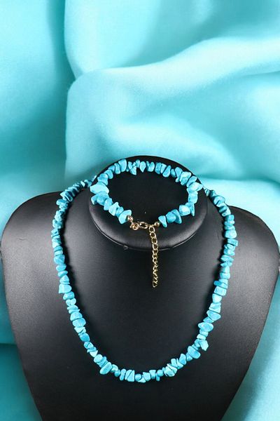 MGA DOĞAL TAŞ Turquoise Turquoise Necklace and Bracelet Set - Steel Wire, Steel Clip and Steel Ring Chain
