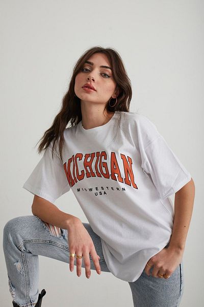 Mad&Calf Γυναικείο μπλουζάκι Oversize με στάμπα Michigan