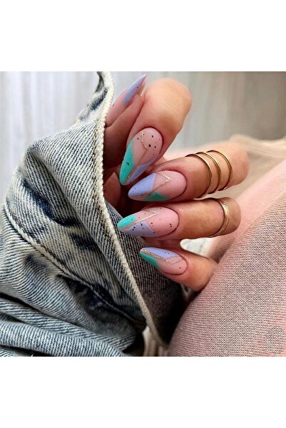 TipsArt Simli Lila Yeşil Desenli Badem 24’lü Takma Tırnak Seti ve Zararsız Yapıştırıcı