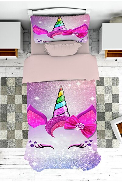Genel Markalar Bebek ve Çocuk Odası Simli Unicorn Desenli Kız Çocuk Yatak Ört...