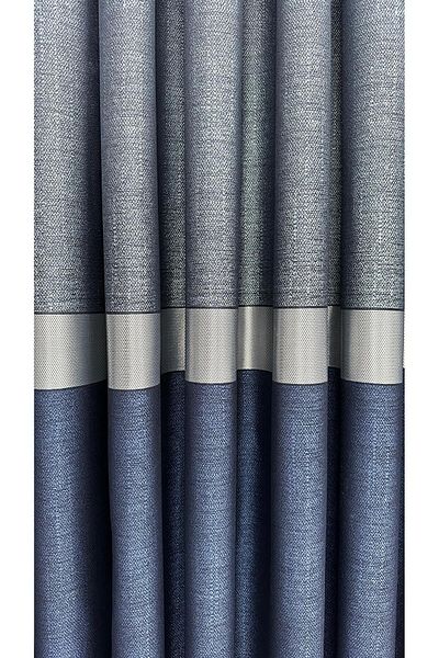 Erdoğanlar Koza Blue Background Silver Belt Striped Background Curtain Single Wing 1/3 Close Pleat