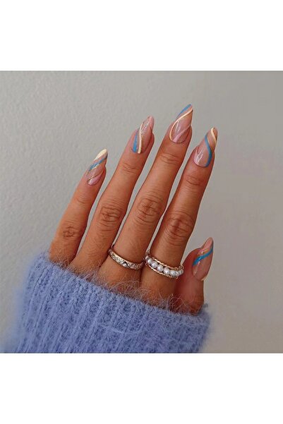 TipsArt Simli Mavi Pembe Çizgili Badem 24’lü Takma Tırnak Seti & Zararsız Yapıştırıcı