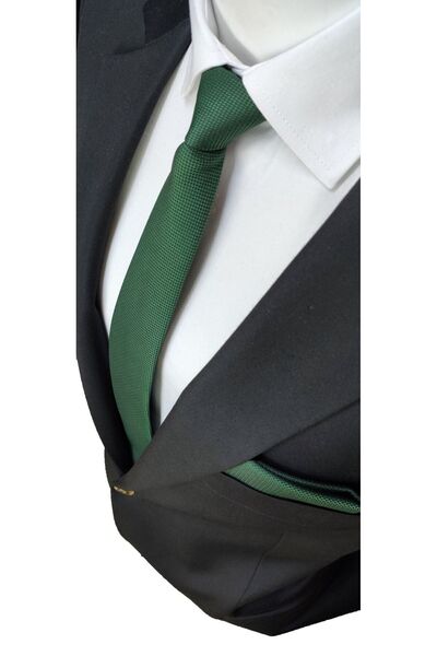 Elegante Cravatte Siyah - Lacivert - Yeşil Renk 3'lü Armürlü Kravat Ve Mendil Set
