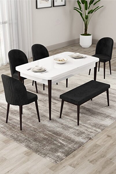 Canisa Roe Serisi Açılabilir 80x132 Beyaz Masa Ceviz Ayak Masa Takımı 4 Siyah Sandalye 1 Bench