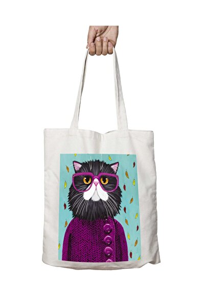 ART HEDİYE Hipster Cat Pattern with Glasses - Washable Shoulder Tote Bag for ...
