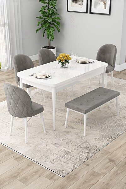 Canisa Rut Serisi Açılabilir 80x132 Beyaz Yemek Odası Takımı 4 Sandalye 1 Bench